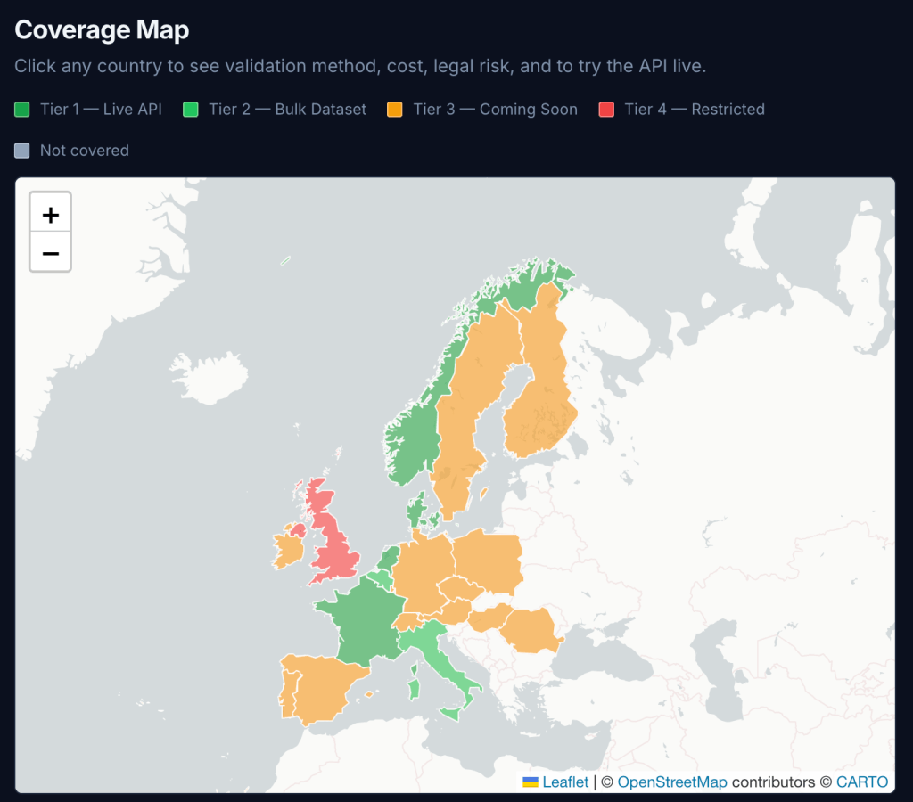 Coverage map illustrating different API tiers across European countries, with areas marked in green for Tier 1, orange for Tier 2, red for Tier 4, and countries not covered shown in gray.